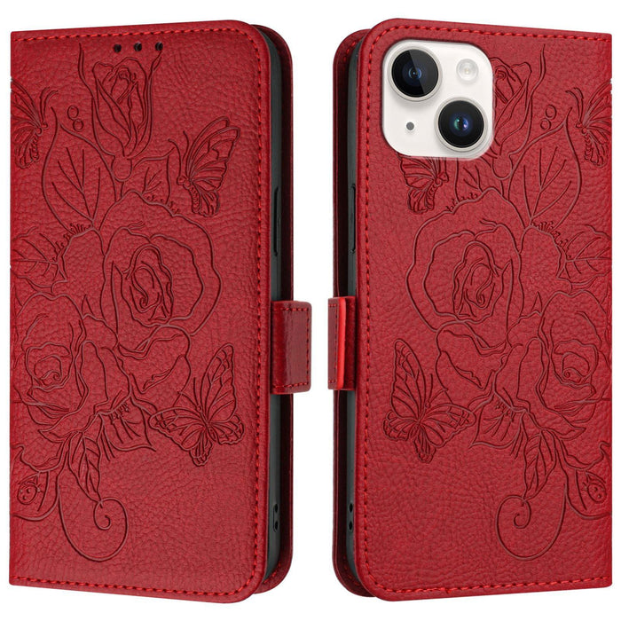For Iphone 15 Embossed Rose Rfid Anti-Theft Leather Phone Case