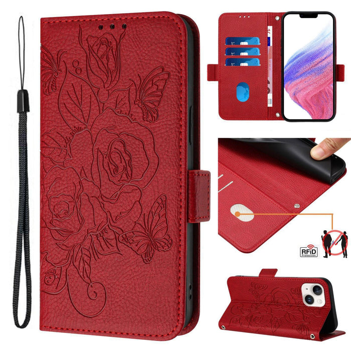 For Iphone 15 Embossed Rose Rfid Anti-Theft Leather Phone Case