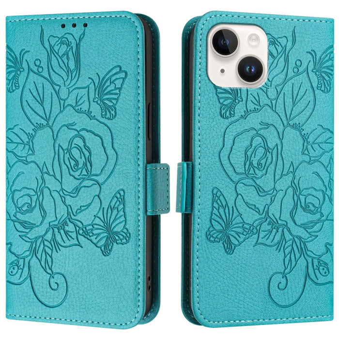 For Iphone 15 Embossed Rose Rfid Anti-Theft Leather Phone Case