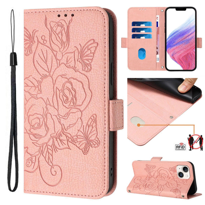 For Iphone 15 Embossed Rose Rfid Anti-Theft Leather Phone Case