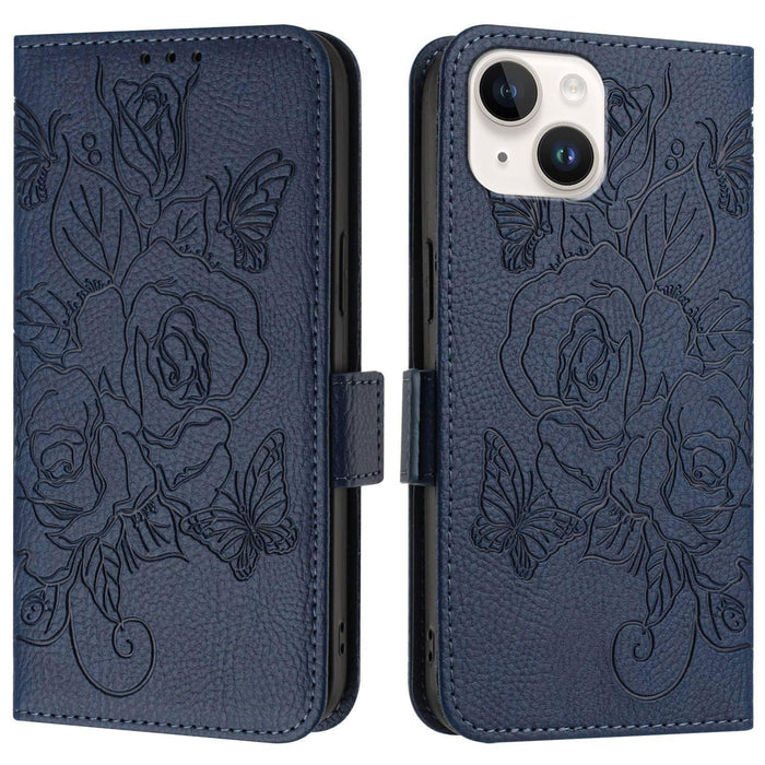 For Iphone 15 Embossed Rose Rfid Anti-Theft Leather Phone Case