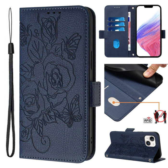 For Iphone 15 Embossed Rose Rfid Anti-Theft Leather Phone Case