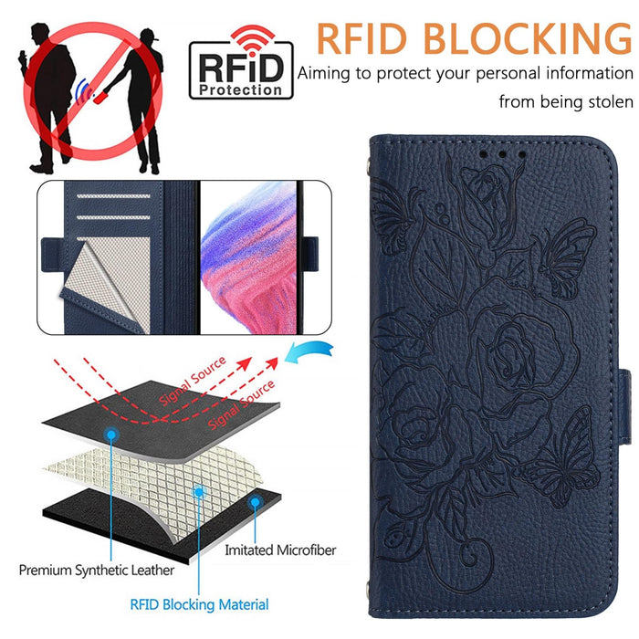 For Iphone 15 Embossed Rose Rfid Anti-Theft Leather Phone Case