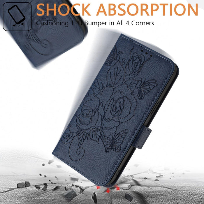 For Iphone 15 Embossed Rose Rfid Anti-Theft Leather Phone Case