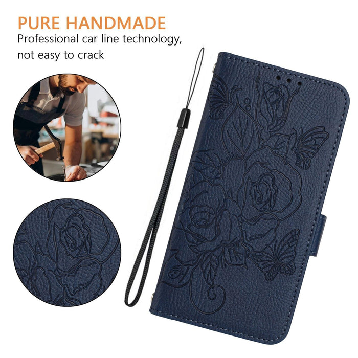 For Iphone 15 Embossed Rose Rfid Anti-Theft Leather Phone Case