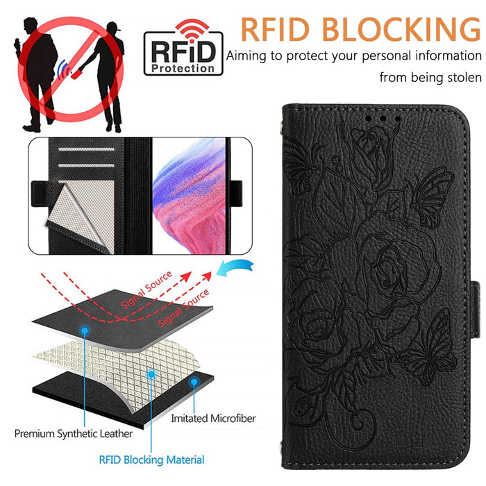 For Iphone 15 Embossed Rose Rfid Anti-Theft Leather Phone Case