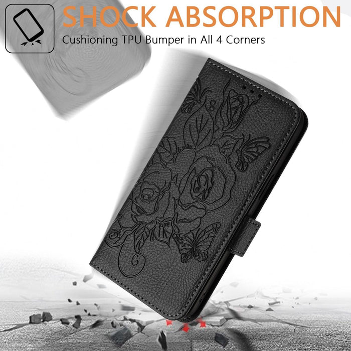 For Iphone 15 Embossed Rose Rfid Anti-Theft Leather Phone Case