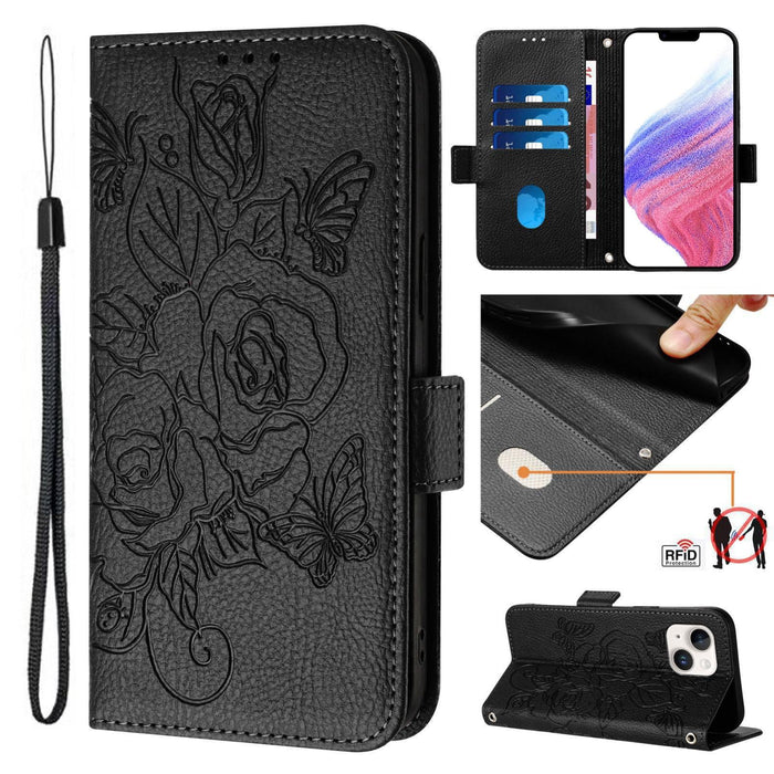 For Iphone 15 Embossed Rose Rfid Anti-Theft Leather Phone Case