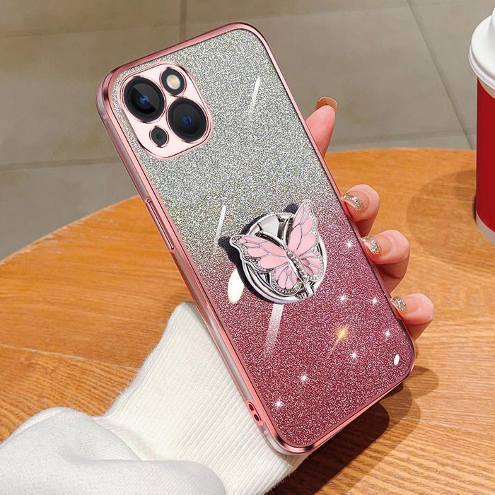 For Iphone 15 Plated Gradient Glitter Butterfly Holder Tpu Phone Case