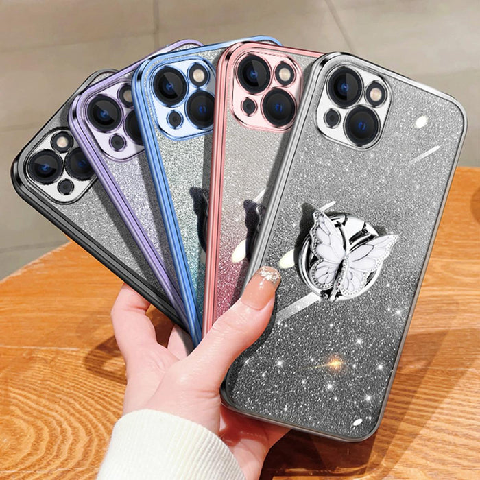 For Iphone 15 Plated Gradient Glitter Butterfly Holder Tpu Phone Case