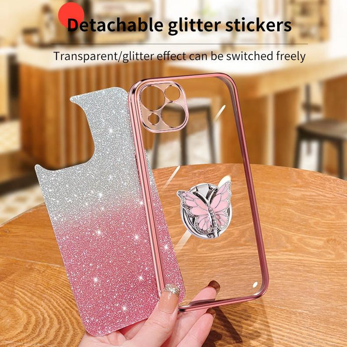 For Iphone 15 Plated Gradient Glitter Butterfly Holder Tpu Phone Case
