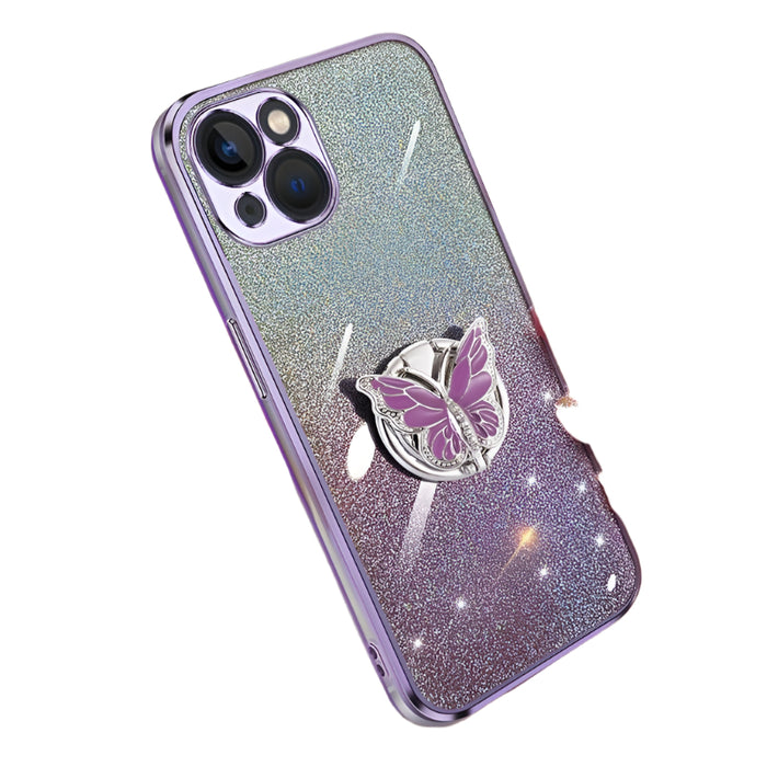 For Iphone 15 Plated Gradient Glitter Butterfly Holder Tpu Phone Case
