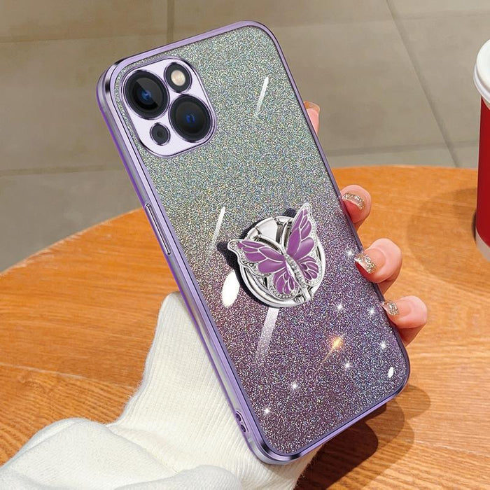 For Iphone 15 Plated Gradient Glitter Butterfly Holder Tpu Phone Case