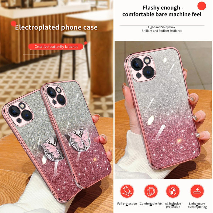For Iphone 15 Plated Gradient Glitter Butterfly Holder Tpu Phone Case