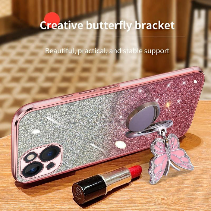 For Iphone 15 Plated Gradient Glitter Butterfly Holder Tpu Phone Case