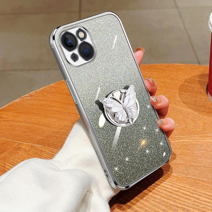 For Iphone 15 Plated Gradient Glitter Butterfly Holder Tpu Phone Case