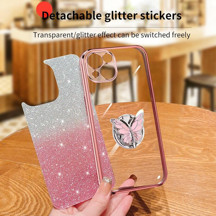 For Iphone 15 Plated Gradient Glitter Butterfly Holder Tpu Phone Case