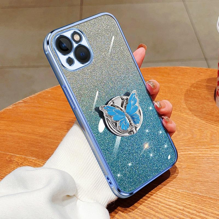 For Iphone 15 Plated Gradient Glitter Butterfly Holder Tpu Phone Case