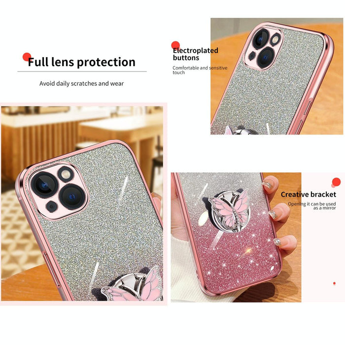 For Iphone 15 Plated Gradient Glitter Butterfly Holder Tpu Phone Case