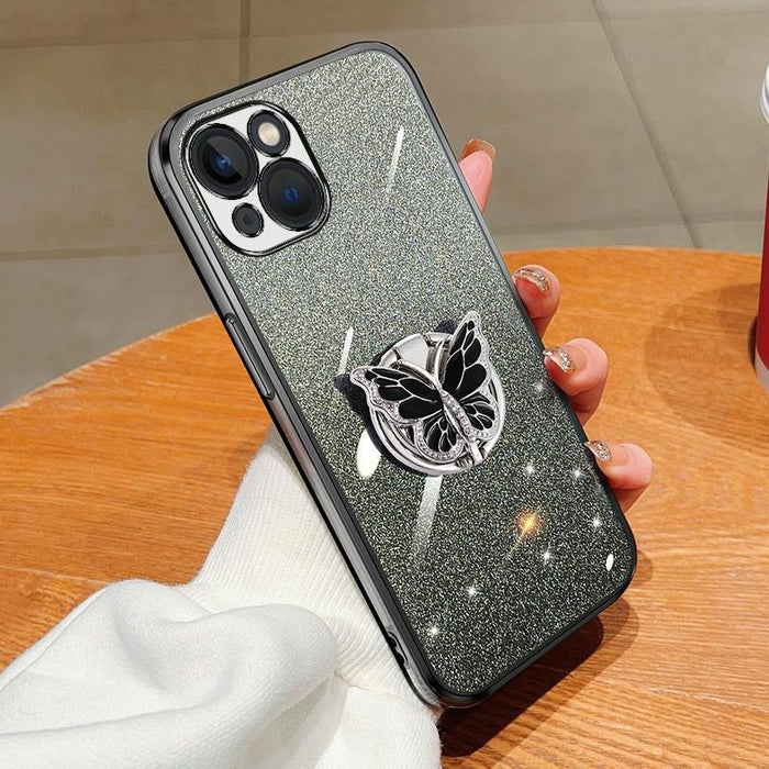 For Iphone 15 Plated Gradient Glitter Butterfly Holder Tpu Phone Case