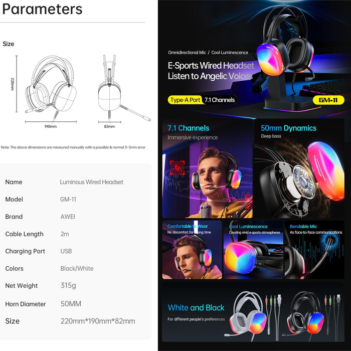 2M Luminous Wired Headphones Awei Gm-11