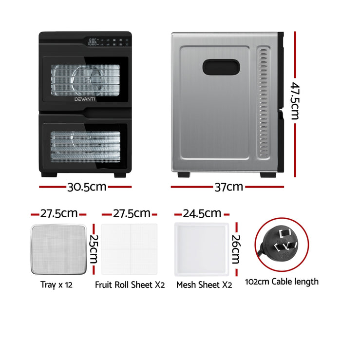 12 Trays Food Dehydrator Dual-Zone Stainless Steel Fruit Jerky Dryer