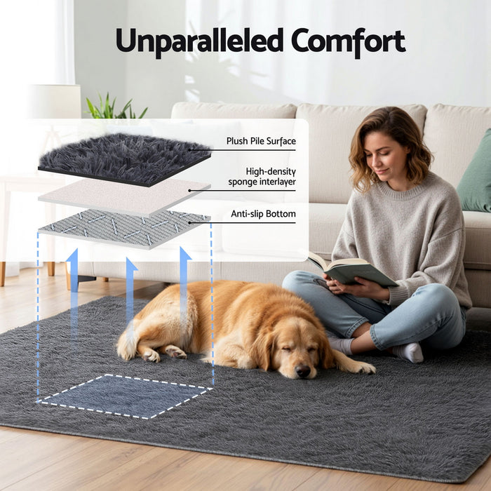 Floor Rug 140X200cm Plush Area Shaggy Rug Living Room Bedroom Carpet Grey