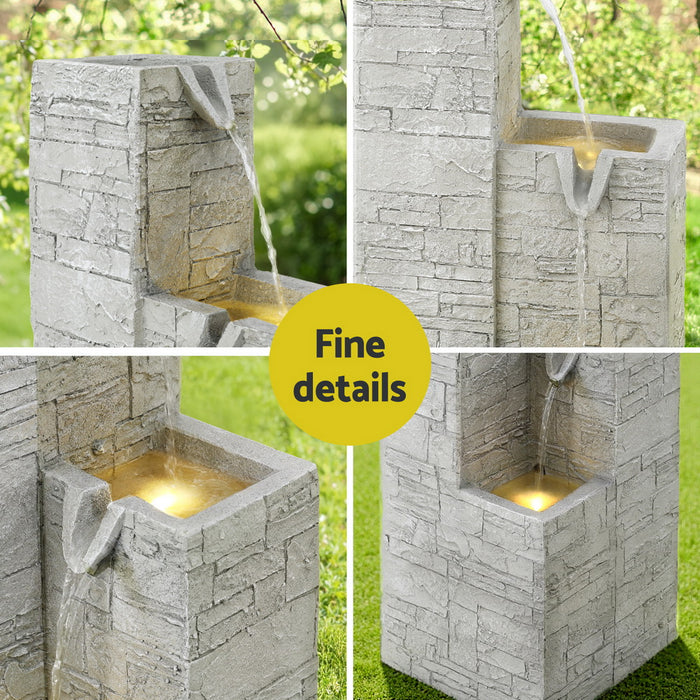 Solar Fountain Water Feature Outdoor Indoor 4-Tier Square Cascading Beige