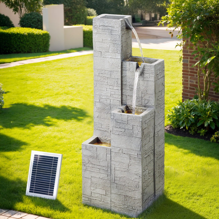 Solar Fountain Water Feature Outdoor Indoor 4-Tier Square Cascading Beige