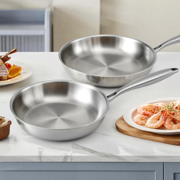 Chef Frying Pan Stainless Steel Uncoated Twin Frypan Set 25/30cm Silver