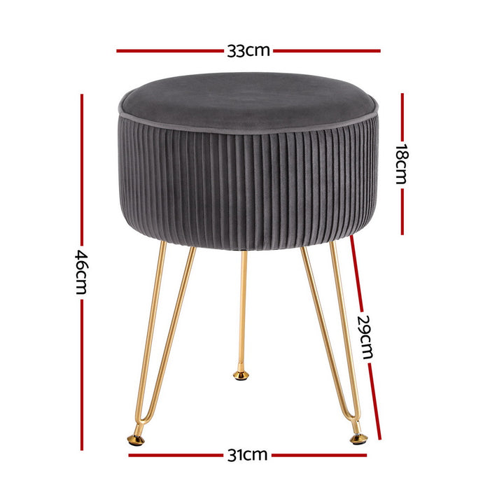 Ottoman Foot Stool Velvet Stripe Round Grey