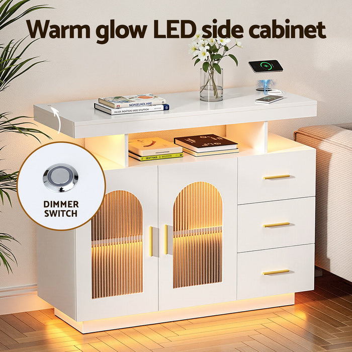 Buffet Sideboard Cabinet Led Clear Door Kitchen Storage Drawers White