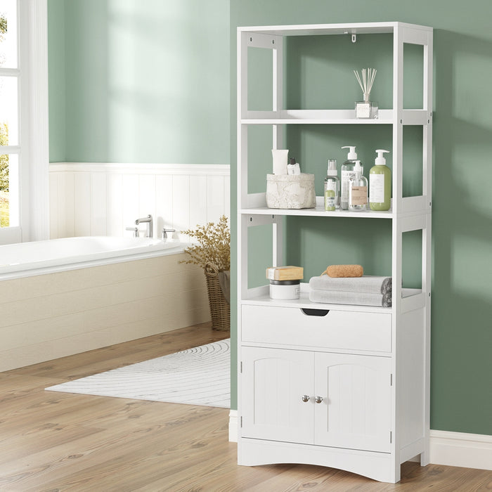 Bathroom Floor Storage Cabinet With 2 Drawers 3 Open Shelves 2 Doors White