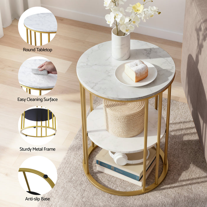 Coffee Table 2-Tier Round Marble Effect White&Gold