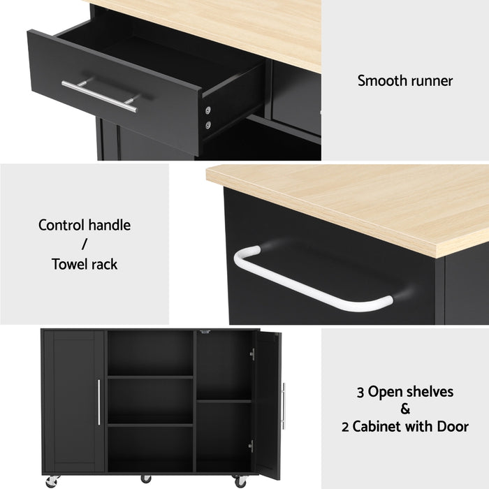 Kitchen Island Trolley Rolling Serving Cart Storage Drawer Cabinet 100cm Black