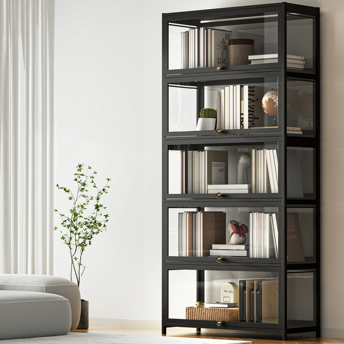 5-Tier Display Cabinet Storage Bookshelf Clear Shelf Black