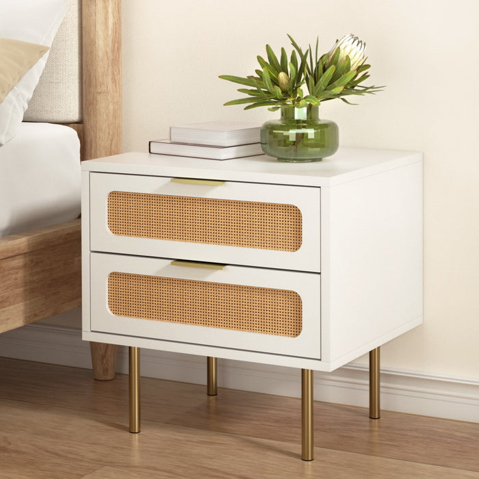 Rattan Bedside Table 2 Drawers Pine