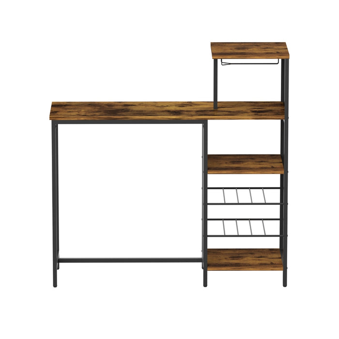 Industrial Bar Table With Wine Rack Cup Holder Multi-Level Storage 122cm Walnut