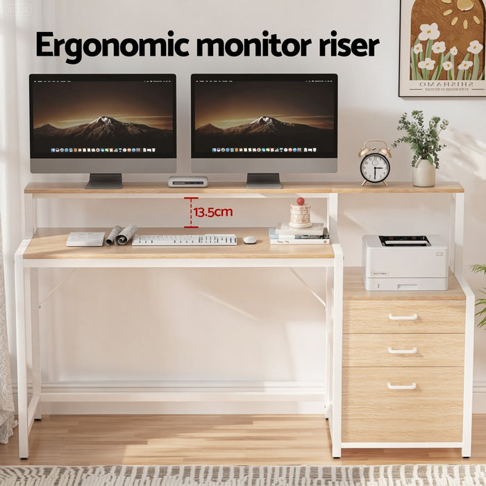 Computer Desk Home Office Study Table Desks W/Drawers Open Shelf Oak 160cm