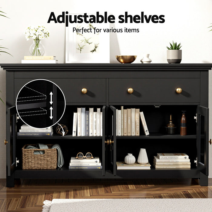 Buffet Sideboard Storage Cabinet Kitchen Cupboard Clear Door Drawer Black