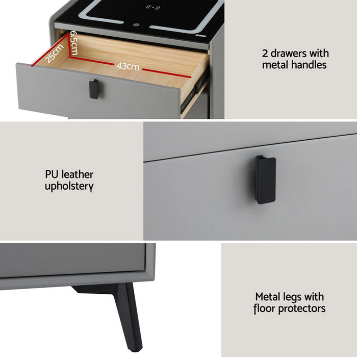 Smart Bedside Table With Wireless Charging Aika Grey