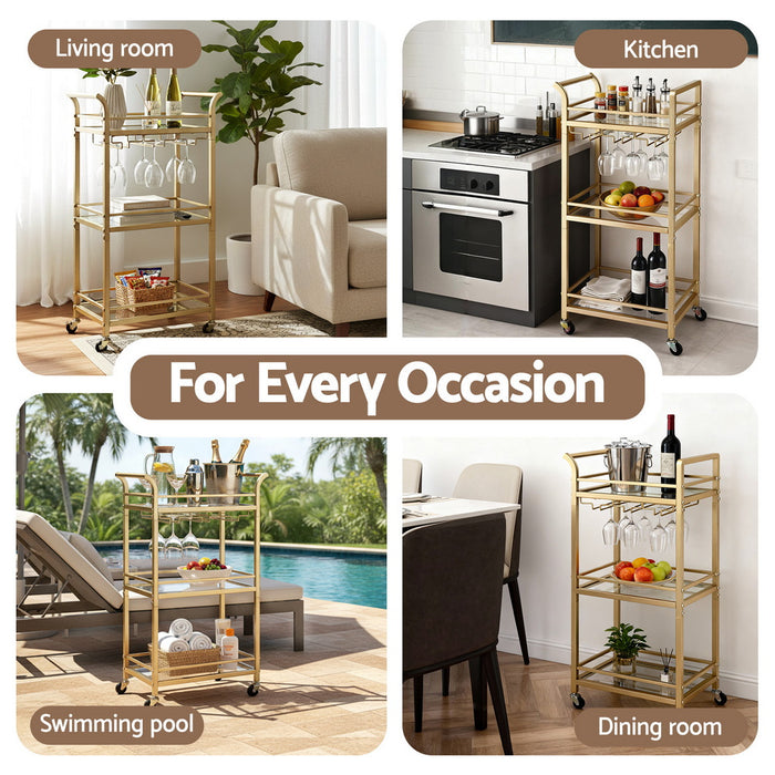 Kitchen Island Cart Trolley Rolling Serving Storage Wine Glass 43cm Gold