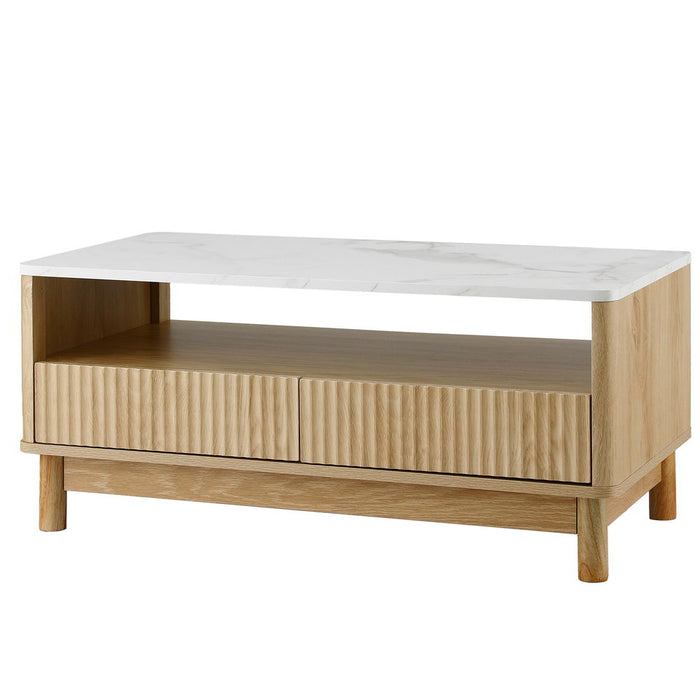 Coffee Table Drawer Shelf Marble Effect Wood & White