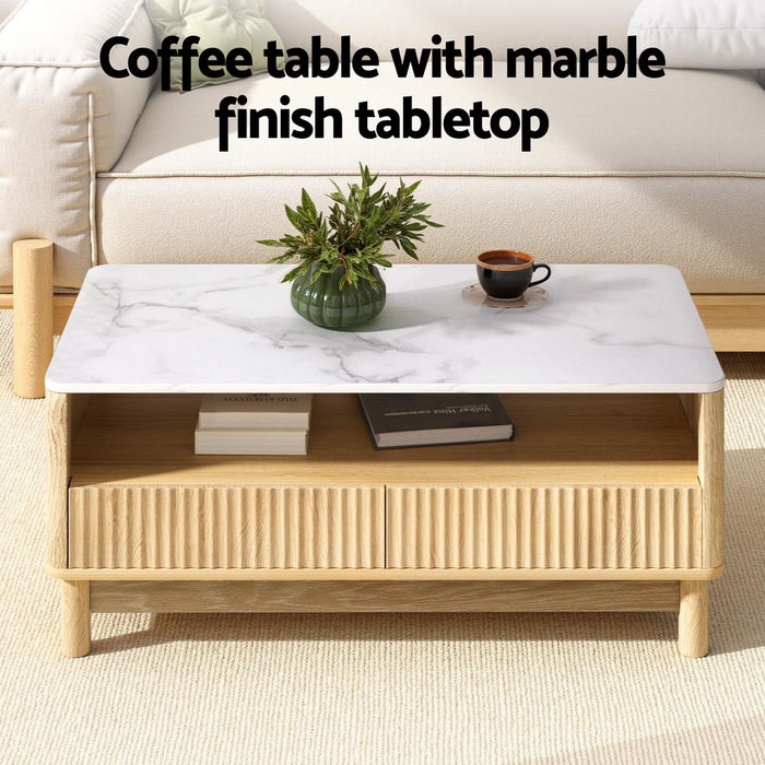 Coffee Table Drawer Shelf Marble Effect Wood & White