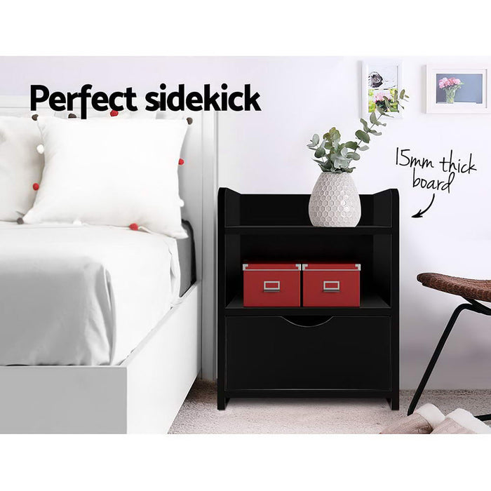 2X Bedside Table 1 Drawer With Shelf Fara Black