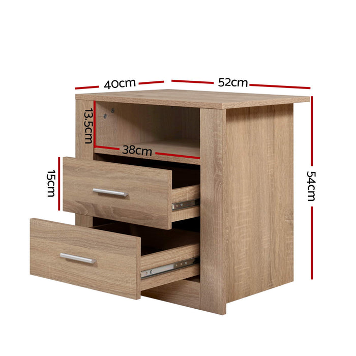 2X Bedside Table 2 Drawers With Shelf Tara Oak