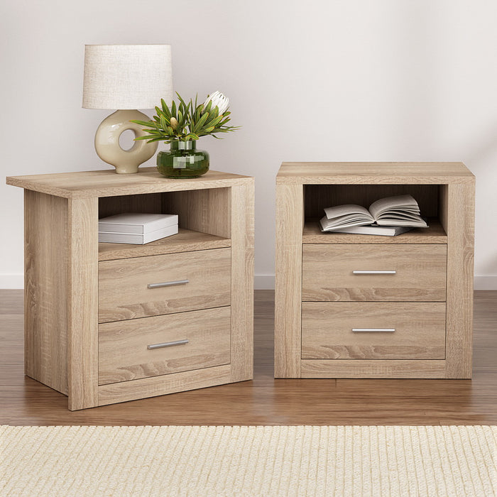 2X Bedside Table 2 Drawers With Shelf Tara Oak