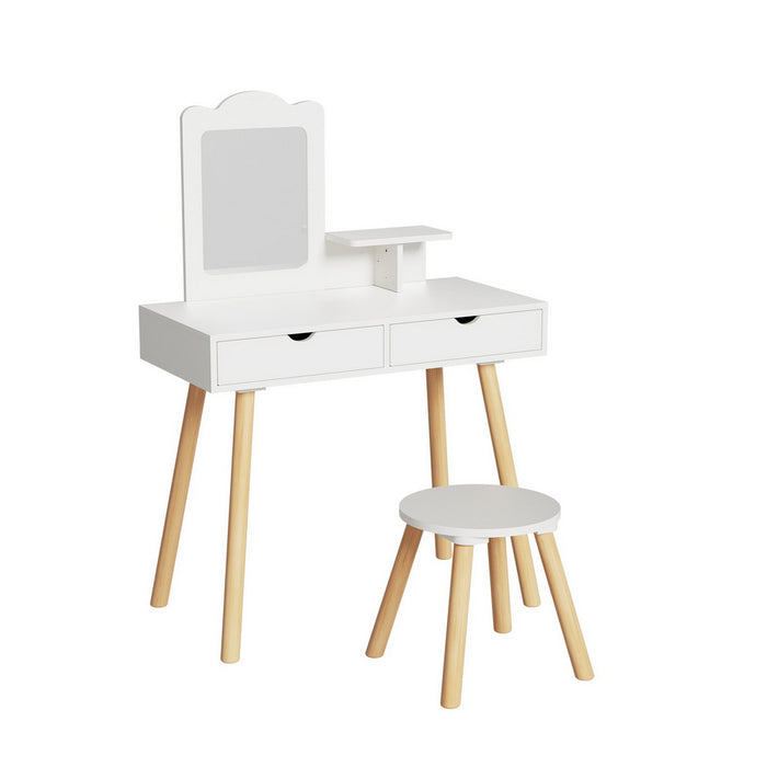 Kids Dressing Table Vanity Makeup Chair Set With Mirror Drawers Wooden Legs