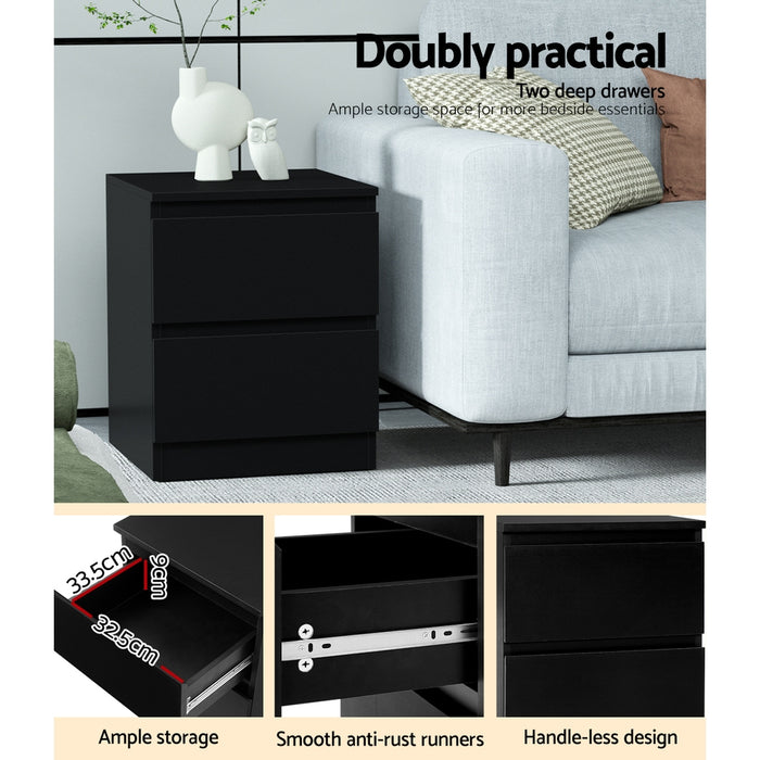 2X Bedside Table 2 Drawers Pepe Black