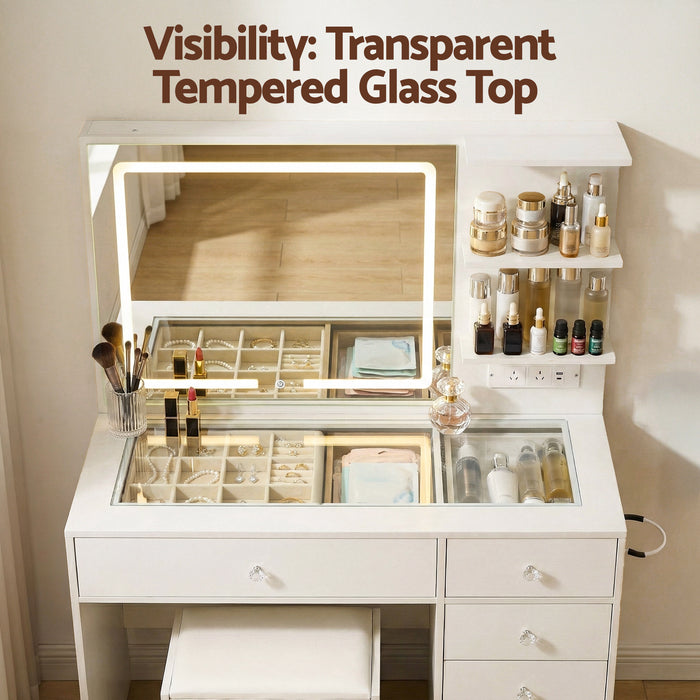 Dressing Table Led Vanity Desk Set Stool White